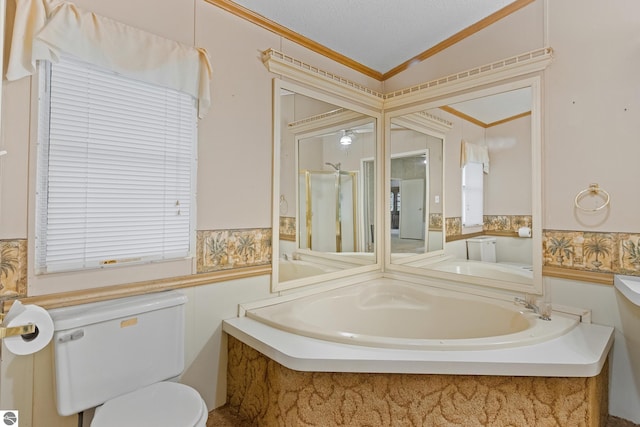 bathroom with toilet, a textured ceiling, independent shower and bath, and ornamental molding