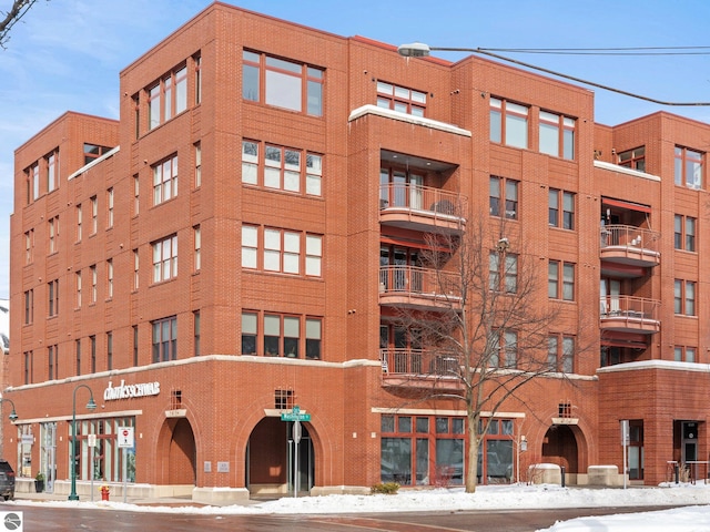 view of snow covered building