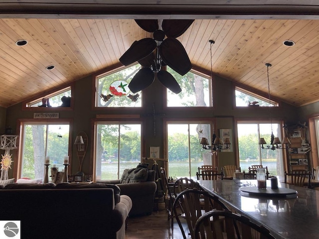 7836 W Perch Lake Dr, Lake, MI 48632 - living area featuring a ceiling fan, wood ceiling, plenty of natural light, high vaulted ceiling, and wood finished floors