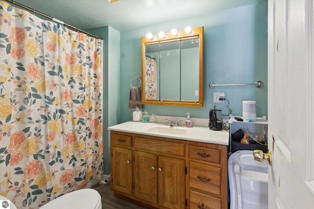 full bathroom with toilet, vanity, and a shower with curtain