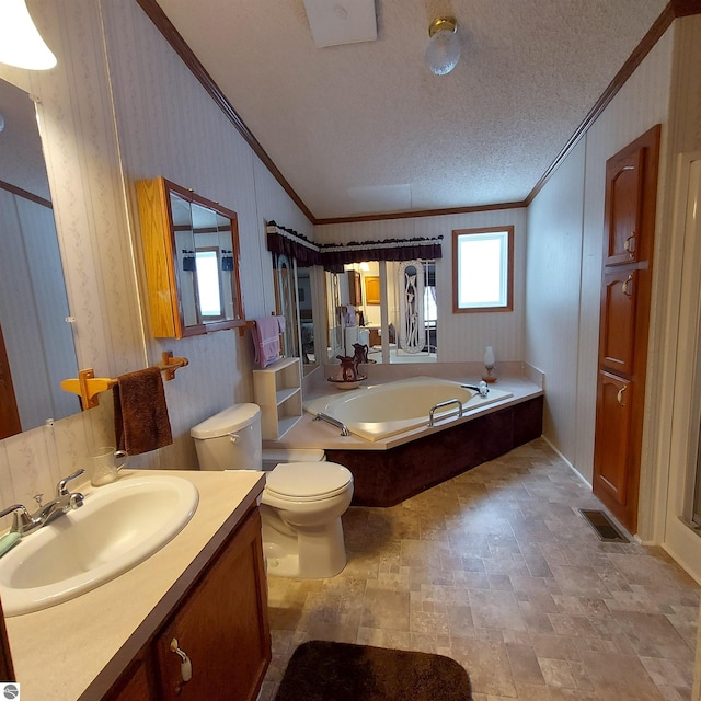 bathroom featuring wallpapered walls, visible vents, vanity, a textured ceiling, and crown molding