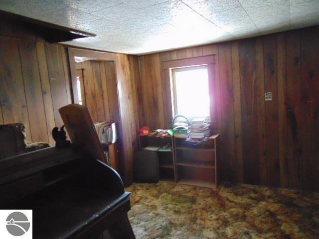 interior space with carpet floors, wooden walls, and a textured ceiling