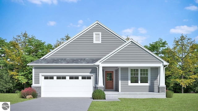 view of front of home with roof with shingles, a front yard, a garage, stone siding, and driveway