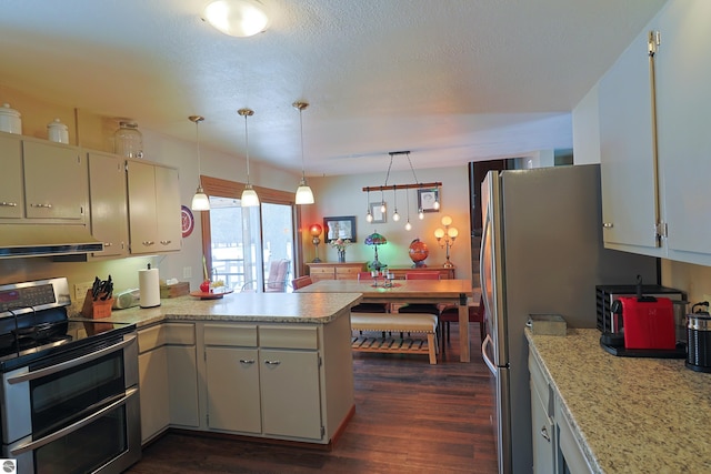 kitchen with dark wood-style floors, a peninsula, stainless steel appliances, under cabinet range hood, and pendant lighting