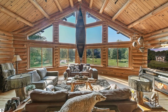 living room with log walls, wood finished floors, high vaulted ceiling, wooden ceiling, and beamed ceiling