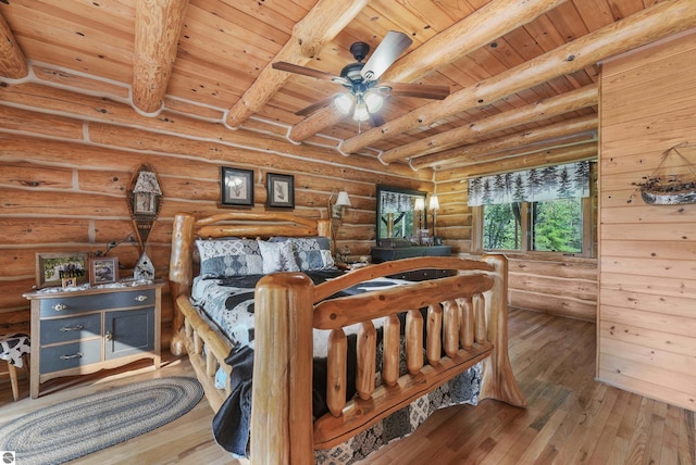 bedroom featuring wood ceiling, beamed ceiling, log walls, and wood finished floors