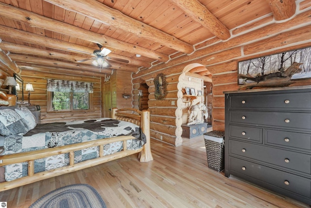 bedroom with light wood finished floors, beamed ceiling, and wood ceiling