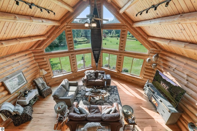 living area with plenty of natural light, high vaulted ceiling, track lighting, and beamed ceiling