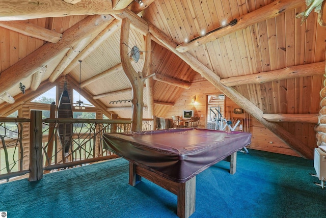 recreation room with lofted ceiling with beams, wooden ceiling, dark carpet, and rustic walls