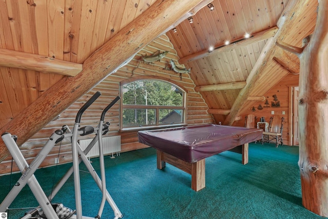 playroom featuring high vaulted ceiling, pool table, carpet, and beam ceiling