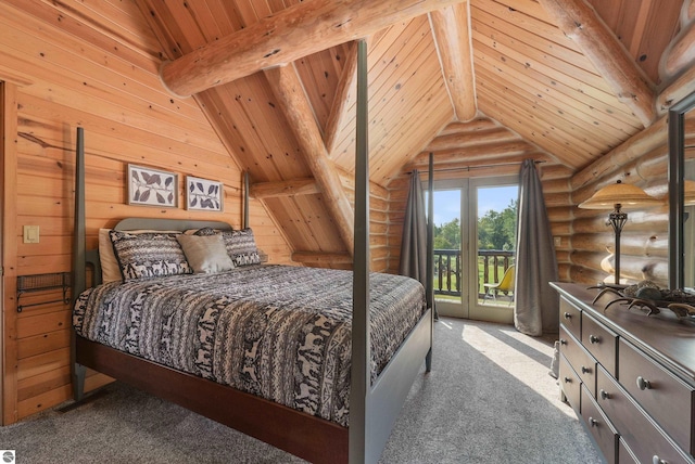 carpeted bedroom with lofted ceiling with beams, access to outside, and wood ceiling