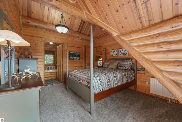 bedroom featuring wood ceiling, dark colored carpet, radiator, and log walls