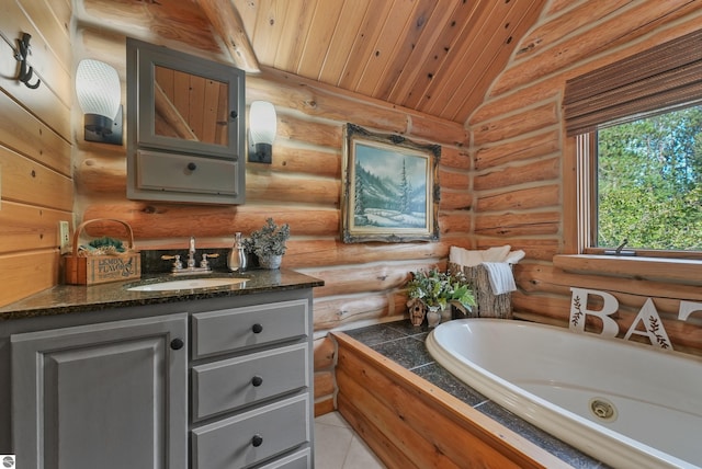 bathroom with lofted ceiling, tile patterned flooring, vanity, wood ceiling, and a jetted tub