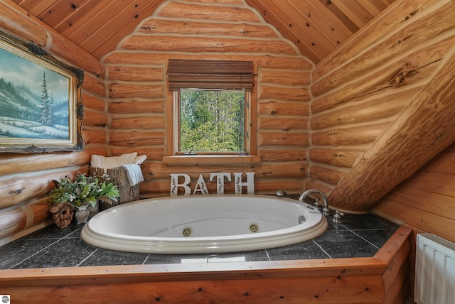 full bath featuring a jetted tub, wood ceiling, log walls, and vaulted ceiling