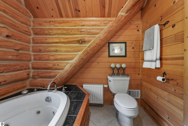 full bathroom featuring visible vents, toilet, wooden ceiling, a tub with jets, and tile patterned floors