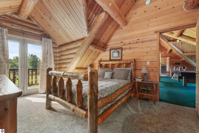 carpeted bedroom featuring lofted ceiling with beams, wooden ceiling, access to outside, and rustic walls