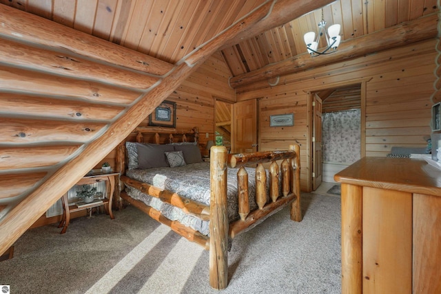 carpeted bedroom featuring lofted ceiling, wood walls, and wood ceiling