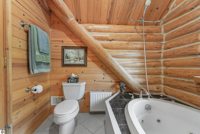 bathroom featuring visible vents, toilet, wood ceiling, tile patterned flooring, and a whirlpool tub