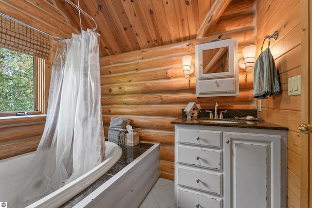 bathroom featuring vanity, wood ceiling, log walls, tile patterned floors, and shower / bathtub combination with curtain