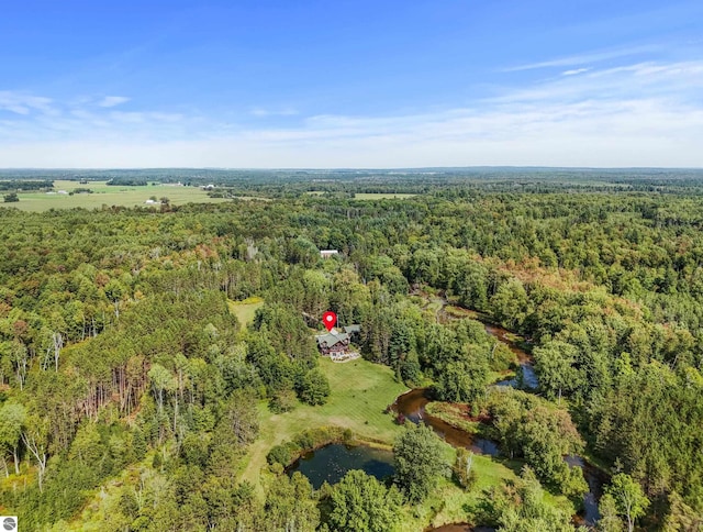 aerial view with a water view and a wooded view