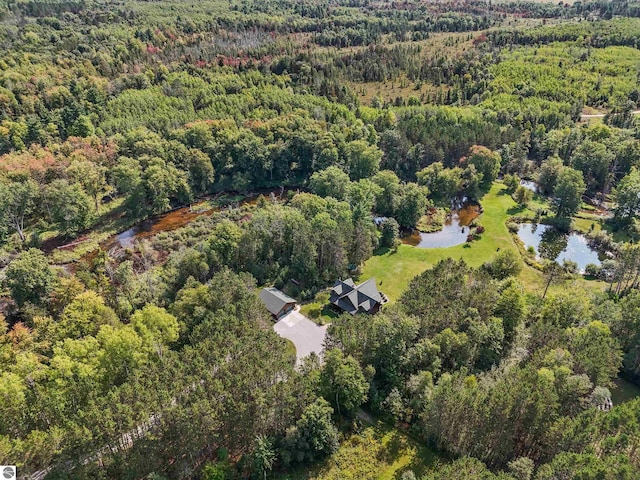 aerial view featuring a water view and a wooded view