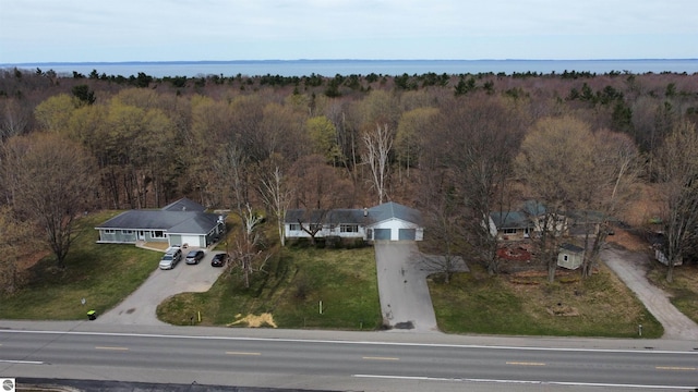 drone / aerial view with a water view and a view of trees