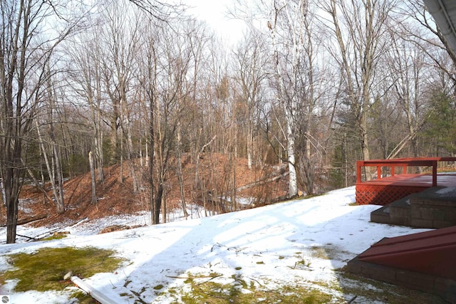 yard layered in snow featuring a wooden deck