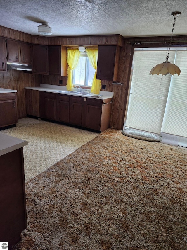 kitchen with dark brown cabinetry, decorative light fixtures, light countertops, a textured ceiling, and a sink