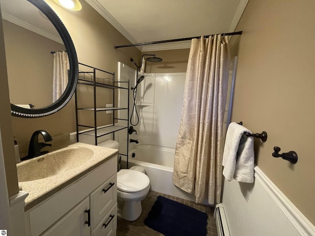 520 Fairlane, Alma, MI 48801 - bathroom with a baseboard heating unit, vanity, shower / bathtub combination with curtain, and crown molding