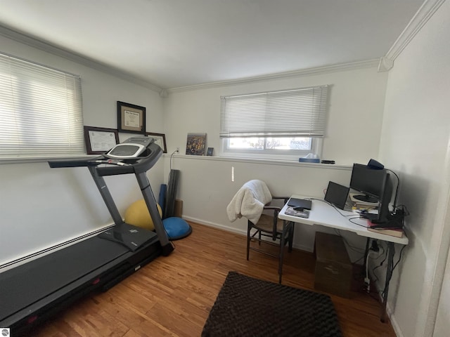 520 Fairlane, Alma, MI 48801 - workout area featuring baseboards, wood finished floors, and ornamental molding