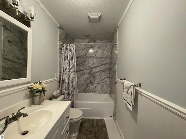 520 Fairlane, Alma, MI 48801 - bathroom with toilet, visible vents, tile patterned flooring, shower / bathtub combination with curtain, and vanity