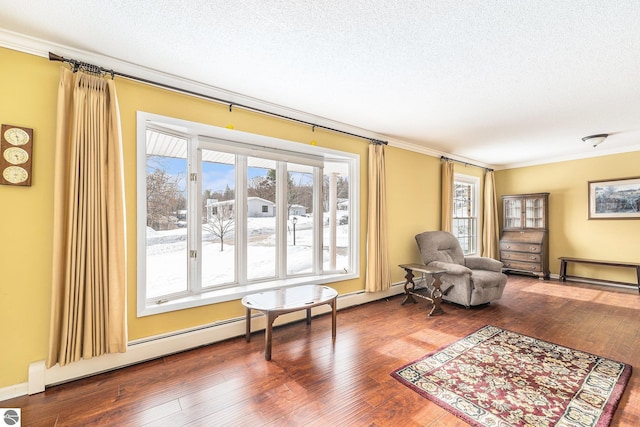 sitting room featuring baseboards, a baseboard radiator, wood-type flooring, ornamental molding, and a textured ceiling