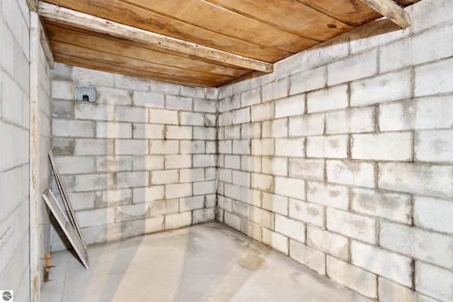 below grade area with concrete block wall and wooden ceiling