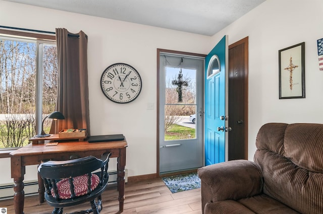 entryway featuring light wood-type flooring, baseboard heating, plenty of natural light, and baseboards