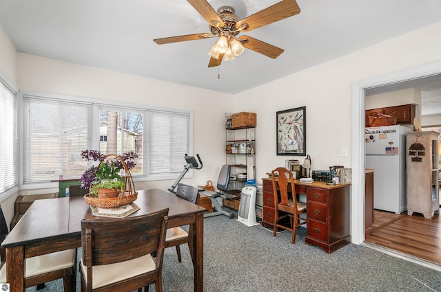 carpeted dining room with a ceiling fan and plenty of natural light