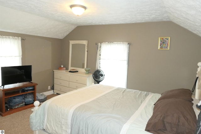 bedroom with vaulted ceiling and a textured ceiling