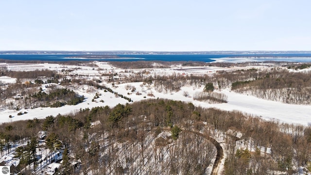 snowy aerial view with a water view