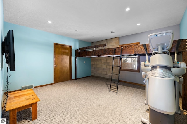 bedroom featuring baseboards, light colored carpet, visible vents, and recessed lighting