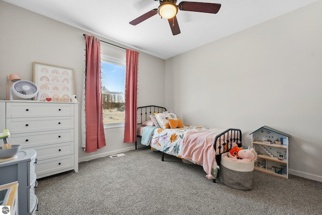 bedroom featuring carpet, visible vents, baseboards, and ceiling fan