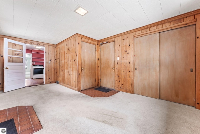 carpeted empty room with crown molding and wooden walls