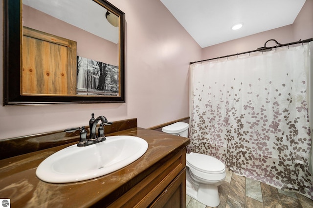 bathroom featuring toilet, curtained shower, and vanity