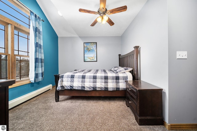 bedroom with a baseboard heating unit, carpet, baseboards, and a ceiling fan