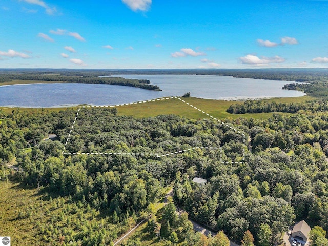 aerial view with a water view and a forest view