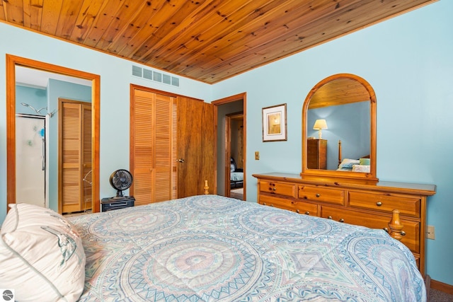 bedroom with wood ceiling and visible vents