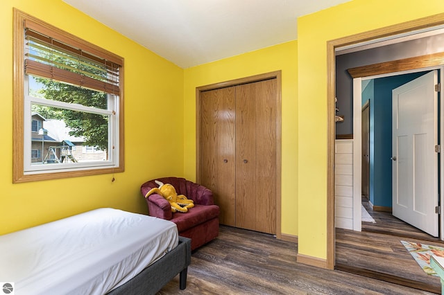 bedroom with dark wood-style floors, baseboards, and a closet