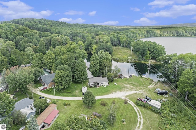 birds eye view of property featuring a water view and a view of trees