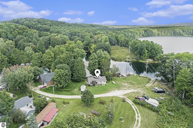 birds eye view of property featuring a water view and a forest view