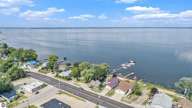 aerial view with a water view and a residential view