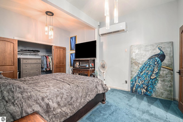 bedroom with carpet floors, a closet, a wall unit AC, and beamed ceiling