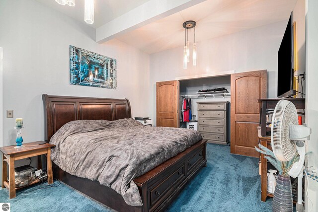 bedroom with dark carpet and beamed ceiling